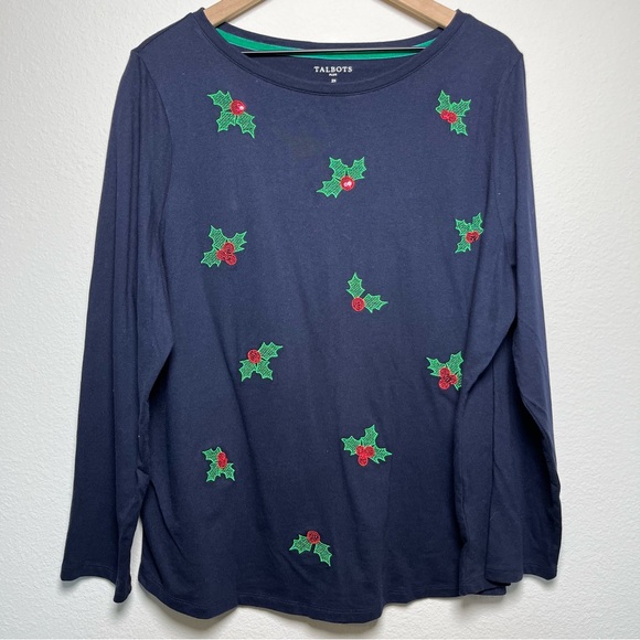 Talbots Women Plus Size Shirt‎ 2X Navy Blue Christmas Mistletoe Long Sleeve - Picture 1 of 9